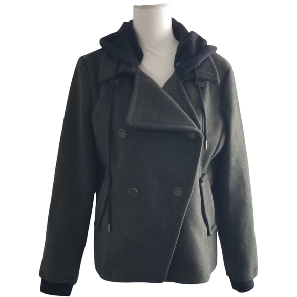 Bagatelle Dark Green Pea Coat with Fabric Detachable Hood M - Picture 1 of 6